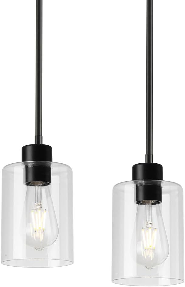 Black Pendant Lights Kitchen Island,Modern Farmhouse Glass Pendant Light,Light Fixture Kitchen Pendant Mini Hanging Light Fixture for Sink (Black 2 Pack Stem Rod)-Ruum Studio Home
