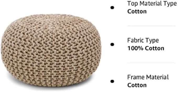 REDEARTH Round Pouf Ottoman - Hand Knitted Cable Boho Poof Home Décor Pouffe Circular Footrest for Living Room - Nursery - Bedroom - Lounge 100% Cotton (19.5"x19.5"x14") - Beige Ivory-Ruum Studio Home