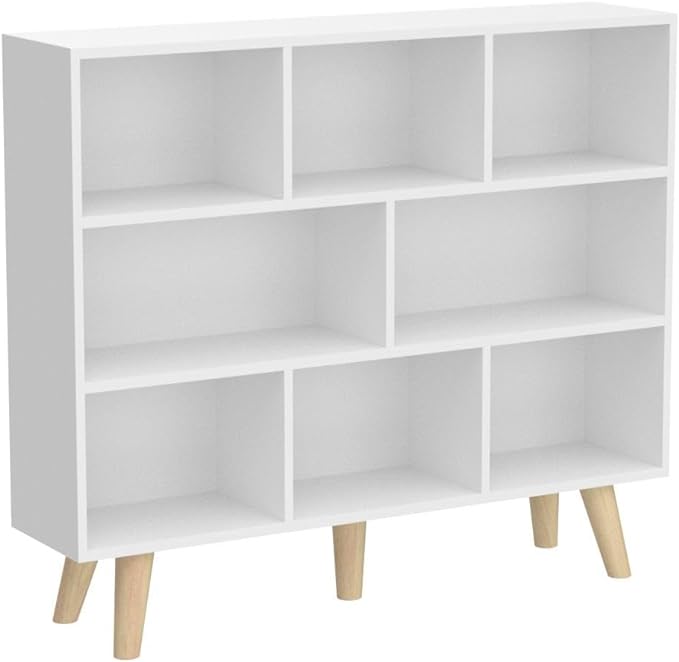 IOTXY Wooden Open Shelf Bookcase - 3-Tier Floor Standing Display Cabinet Rack with Legs, 8 Cubes Bookshelf, Warm White-Ruum Studio Home