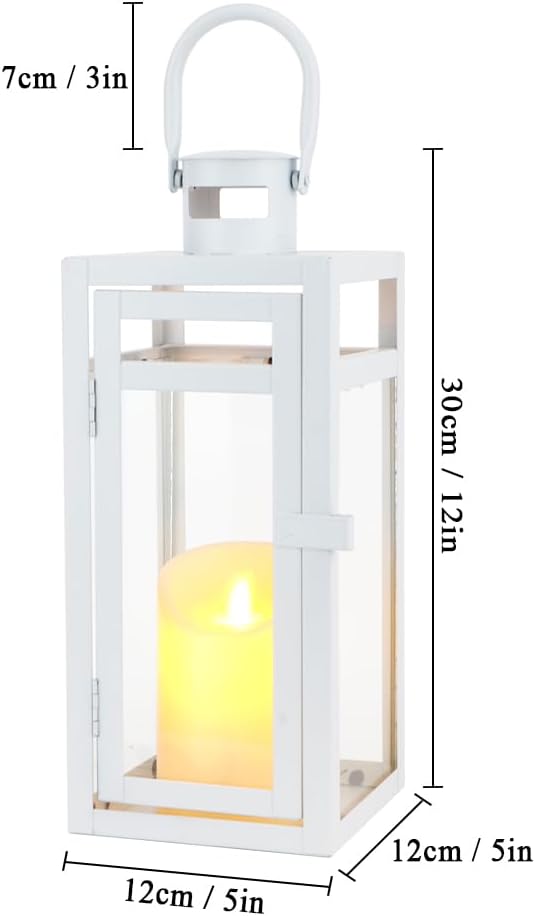 TRIROCKS Stainless Steel Decorative Lantern 12'' High Metal Candle Holder with Clear Glass Panels Perfect for Home Decor Living Room Parties Events Tabletop Indoor Outdoor (White)-Ruum Studio Home