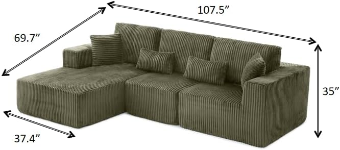 Modular Sectional Sofa Cloud Sectional Couch, 135" Comfy Fluffy L Shaped Olive Green Couches for Living Room, Deep Seat Memory Foam Plush Corduroy Boneless Couch Sectionals Left Facing Chaise Sofa-Ruum Studio Home