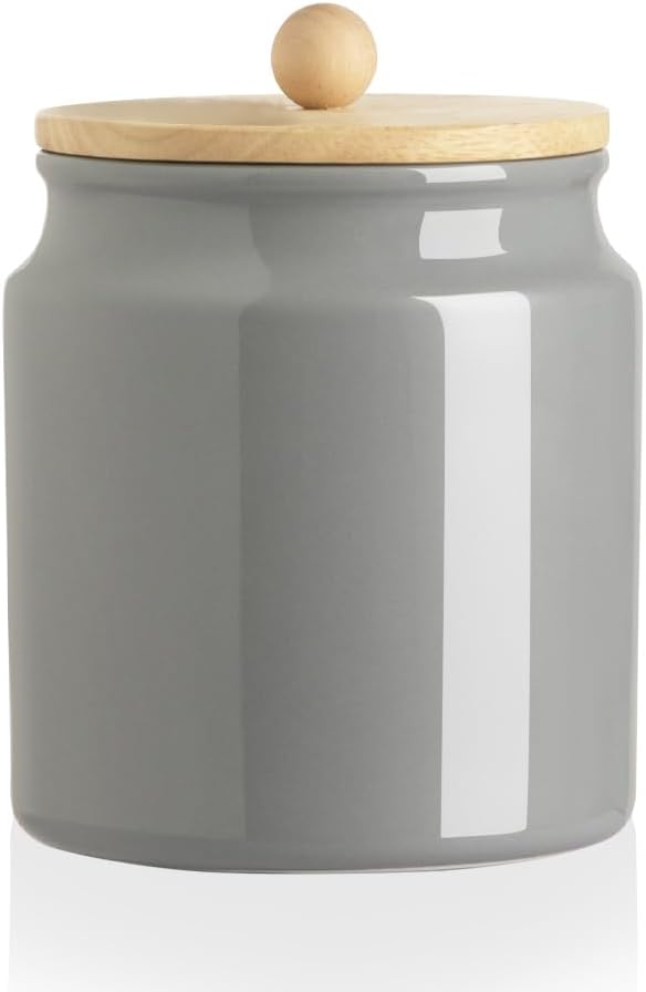 Sweejar Ceramic Kitchen Canisters, 28 FLOZ Porcelain Food Storage Jar with Airtight Seal Wooden Lid, Home Container Serving for Coffee Beans, Tea-leave, Sugar, Salt and More, Tool Bucket (Gray)-Ruum Studio Home