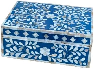 Decorative Storage Box Of Mother Of Pearl Inlay Floral Design Wooden Storage Box For Home Decoration For Living Dining & Bedroom (Navy Blue_12x8x5 inch)-Ruum Studio Home
