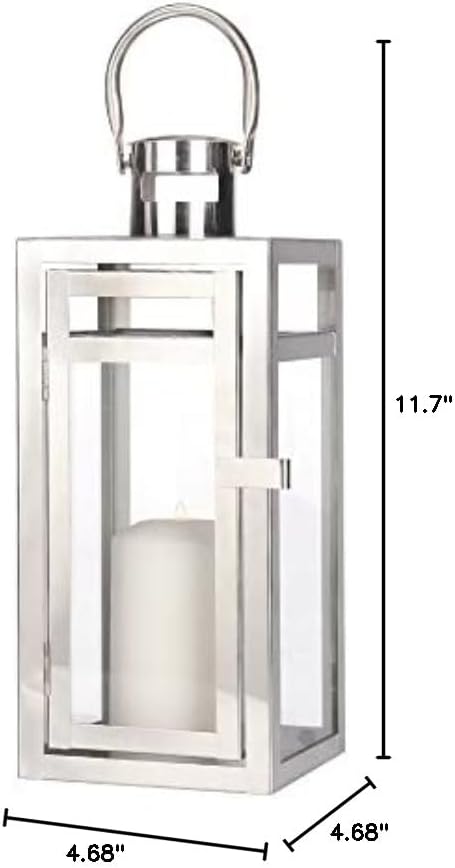 TRIROCKS Stainless Steel Decorative Lantern 12'' High Metal Hanging Lantern with Clear Glass Panels Perfect for Home Decor Living Room Parties Events Tabletop Indoors Outdoors (Silver)-Ruum Studio Home
