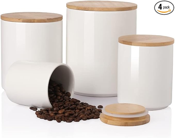Sweejar Ceramic Canisters Set, Food Storage Jars with Airtight Seal Bamboo Lid, Stackable Containers for Kitchen Counter, Ground Coffee, Flour, Sugar, Cookie, Dog Treats, Candy, Pack of 4 (White)-Ruum Studio Home