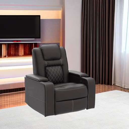CANMOV Electric Power Recliner Chair with USB Ports and Cup Holders, Breathable Leather Home Theater Seating with Hidden Arm Storage (Brown)-Ruum Studio Home