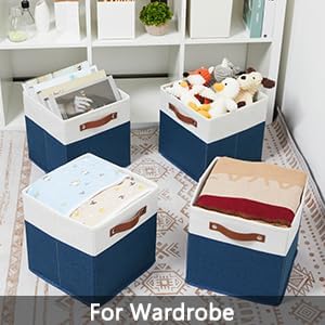 HNZIGE Cube Storage Bins Basket for Shelves Set of 4, Fabric Storage Cubes Baskets Closet Storage Bins for Cube with Handles, Cubby Storage Bins Baskets for Organizing Home and Office (White Blue)-Ruum Studio Home