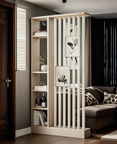 Wall Room Divider, Storage Cabinet Storage Display with Shelves, Modern Freestanding Wood Room Divider Screen, Wall Privacy Screens for Home Decorative (Beige+White,39.5" L x 9.5" W x 79.5" H)-Ruum Studio Home