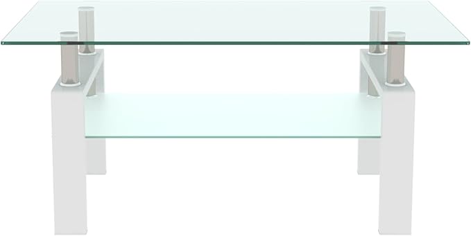 Glass Coffee Table Rectangle White Living Room Center Table, 39inch Transparent Tempered Glass Tabletop and Metal Frame, White + Clear Glass-Ruum Studio Home