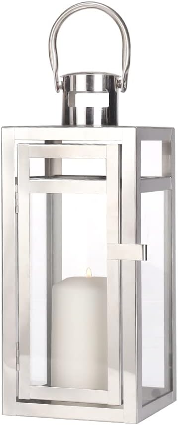 TRIROCKS Stainless Steel Decorative Lantern 12'' High Metal Hanging Lantern with Clear Glass Panels Perfect for Home Decor Living Room Parties Events Tabletop Indoors Outdoors (Silver)-Ruum Studio Home