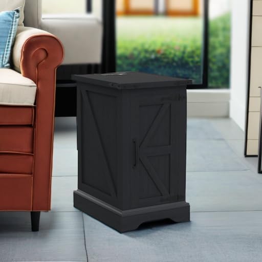 JXQTLINGMU Nightstand with Charging Station, Rectangular Farmhouse End Table with Barn Door and Adjustable Storage Shelf, 17" Deep Wood Rustic Sofa Side Table for Living Room, Bedroom, Black-Ruum Studio Home