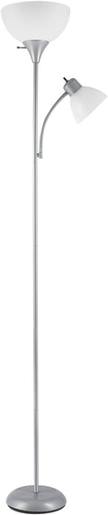 GLOBE Electric 67134 72" Torchiere Floor Lamp and Adjustable Reading Light, Silver, Frosted Shade, Dual Rotary Switch, 3-Step Dimming, Modern Lighting for Living Room or Office, Timeless-Ruum Studio Home