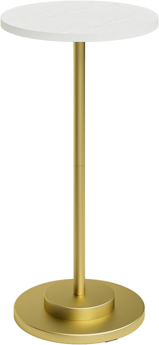 Masupu Drink Table, Round Side Table for Small Spaces, Pedestal Side Table, Small End Table with Metal Base, for Living Room, Bedroom, Bathroom, White Gold-Ruum Studio Home