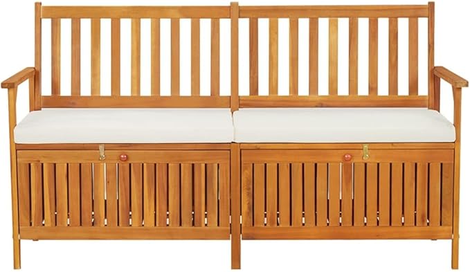 vidaXL Solid Acacia Wood Storage Bench with Cushion- Brown & Cream White, Indoor-Outdoor Versatile Bench with Ample Storage, Comfortable Padded Cushion Included-Ruum Studio Home