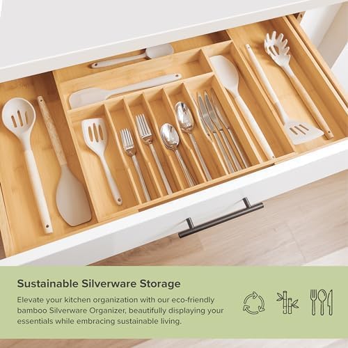 Premium Silverware, Flatware and Utensil Organizer for Kitchen Drawers, Food-Safe Contract Grade, Expandable from 18 to 33 In, Natural Bamboo-Ruum Studio Home