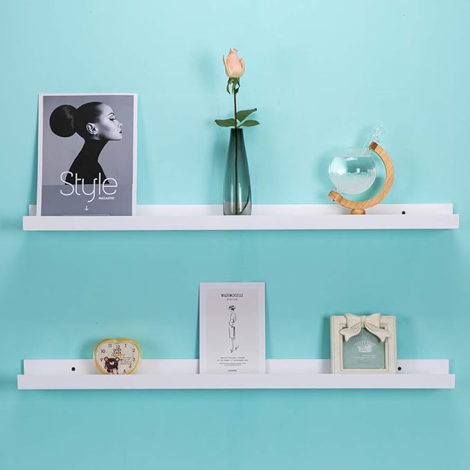 AZSKY 48 Inch White Picture Ledge Shelf Long Floating Shelves Set of 2 Wall Picture Shelf Pine Photo Frames Narrow Picture Ledge Mounting Hardware Included-Ruum Studio Home
