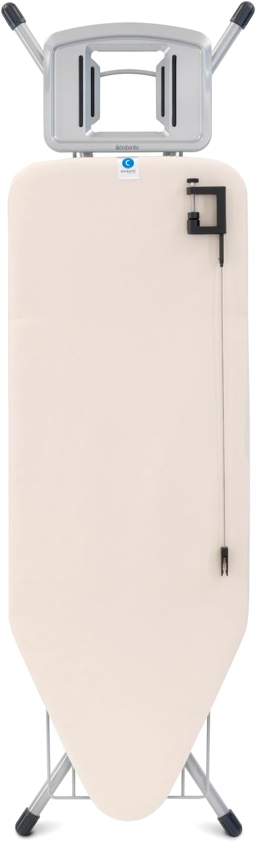 Brabantia Size C Ironing Board (49 x 18in) 7 Height Options, Solid Steam Iron Rest Holder & Linen Rack & Cord Holder (Ecru) Non-Slip Feet, Anti-Collapse Child Locks-Ruum Studio Home