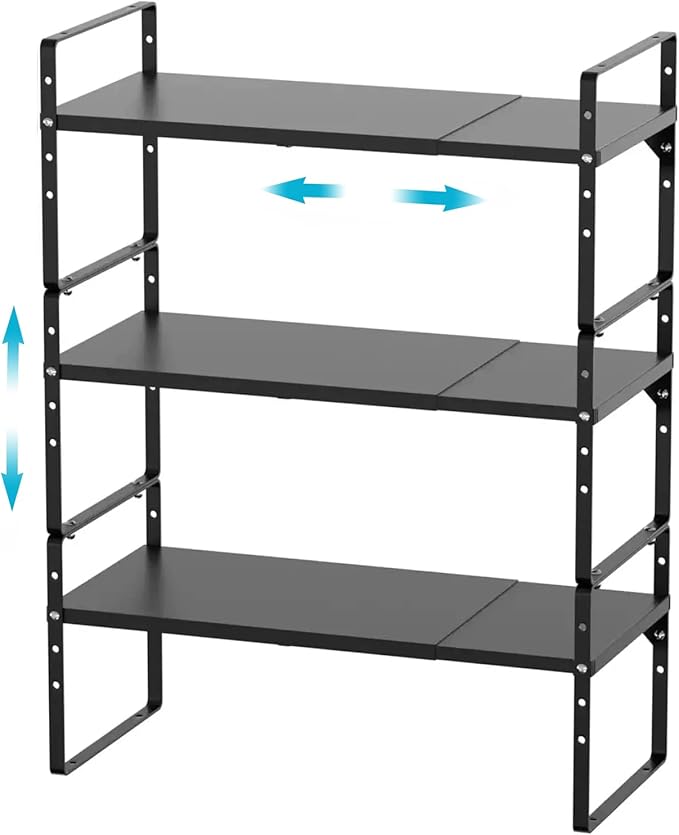 iPEGTOP Expandable Cabinet Storage Shelf Organizer Rack, Heavy Duty Steel Metal Spice Rack Adjustable Height Home Office Garage Pantry Shelf Space Riser for Counter Kitchen Organization, Black, 3 Pack-Ruum Studio Home