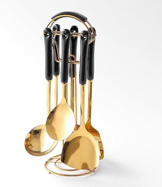 Generic Stainless Steel Kitchen Utensil Set, Spoon, Spatula, Pasta Server, Small Spatula (Black & Gold)-Ruum Studio Home