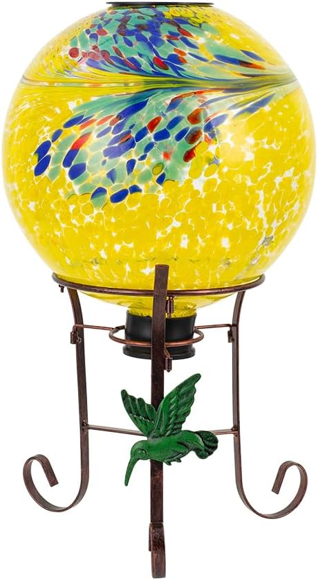 10" Diameter Solar Gazing Ball and 8.5" Metal Stand Indoor Outdoor Glass Globe Sphere Yard Art Ornament Solar Gazing Balls for Garden,Lawn,Porch,Patio Gardening Gift for Women(Yellow)-Ruum Studio Home