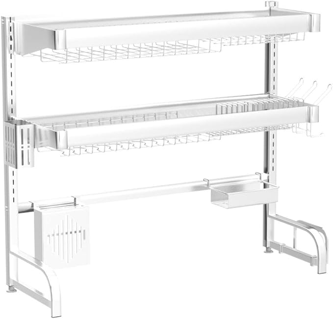 3 Tier Extra Large Stainless Steel Expandable Over The Sink Dish Drainer Drying Rack, Rust Proof Metal, Space Saving, Modern Silver Big Capacity Extendable Plate Strainers Above Kitchen Counter-Ruum Studio Home