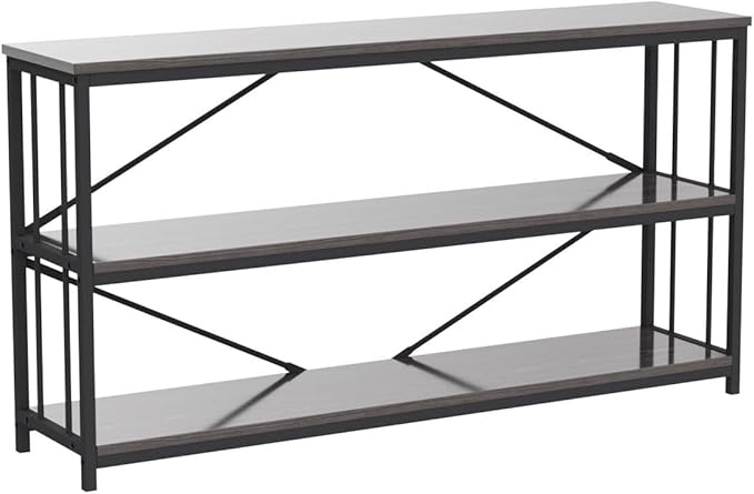 LVB Industrial Console Table, Metal and Wood Sofa Table, Rustic Entryway Table with Storage, Modern 3 Tier Shelf Long Foyer Tables Behind Couch for Home Living Room Hallway, Dark Gray Oak, 55 Inch-Ruum Studio Home