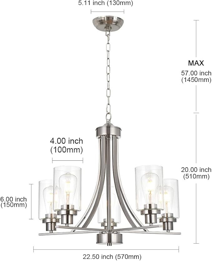 BONLICHT Traditional Chandelier Lighting 5 Light Brushed Nickel Modern Light Fixtures Hanging Pendant Lighting with Clear Glass Shade Classic Ceiling Lights for Kitchen Dining Room Living Room Island-Ruum Studio Home