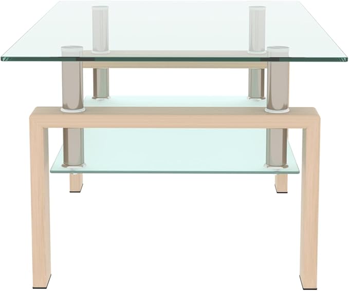 Glass Coffee Table Rectangle Living Room Center Table, 39inch Transparent Tempered Glass Tabletop and Beige Wood Grain Metal Legs, Beige + Clear Glass-Ruum Studio Home