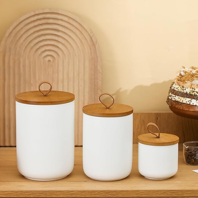 Ceramic Storage Jars, Modern Elegant Polished Airtight Gorgeous Storage Canisters with Wooden Lid Small Food Stroage Jar for Kitchen Spice Tea Vanilla Sugar Coffee Beans (3Pcs Suit White)-Ruum Studio Home