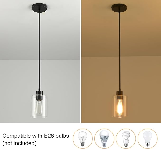 Black Pendant Lights Kitchen Island,Modern Farmhouse Glass Pendant Light,Light Fixture Kitchen Pendant Mini Hanging Light Fixture for Sink (Black 2 Pack Stem Rod)-Ruum Studio Home