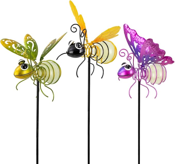 Garden Decor for Outside,3 Pcs Luminous Insect Garden Decorative Stakes,Glow in The Dark Bee Lights Metal Yard Art,Waterproof Outdoor Spring Lawn Patio Pathway Decoration for Mom,Women,Grandma-Ruum Studio Home