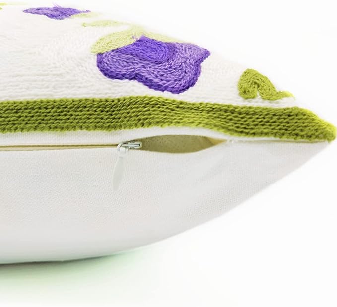 Alysheer Floral Embroidered Spring Decorative Throw Pillow Cover 18"x 18", Farmhouse Cottage Purple Flowers Green Leaves Knit Pattern Cotton Canvas Cushion Case for Sofa Couch Bed Living Room Decor-Ruum Studio Home