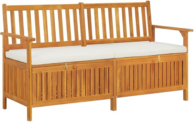 vidaXL Patio Storage Bench 58.3" - Solid Acacia Wood with Cream White Cushion - Versatile Wooden Bench for Indoor and Outdoor Use - with Ample Storage Space-Ruum Studio Home