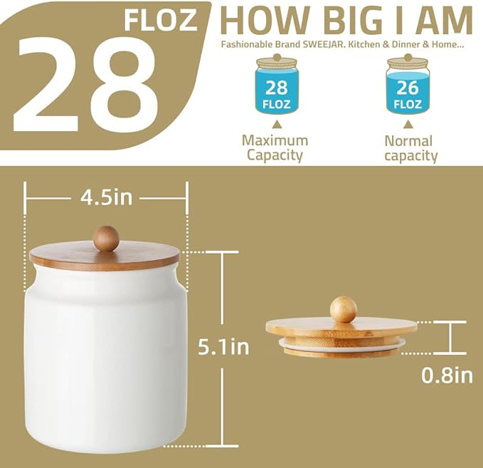 Sweejar Ceramic Kitchen Canisters, 28 FLOZ Porcelain Food Storage Jar with Airtight Seal Wooden Lid, Home Container Serving for Coffee Beans, Tea-leave, Sugar, Salt and More, Tool Bucket (White)-Ruum Studio Home