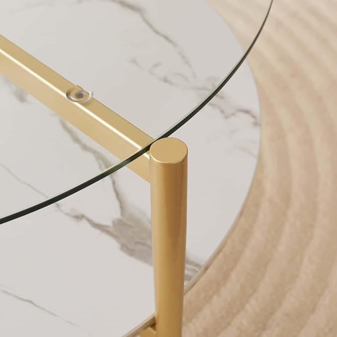 Round Coffee Table for Living Room, Mid-Century Modern Design, D30 x H17, 2-Tier Structure, Clear Glass Top and White Marble Finish Wood Shelf, Sleek Conical Metal Legs with Gold Finish Frame-Ruum Studio Home