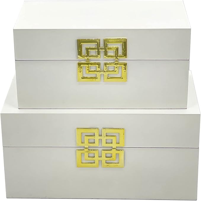 Galt International Large & Small Decorative Storage Box w/Hinged Lid - Classic Design Wood Decor Boxes with Geometric Opening Clasp - Home & Office Storage - Set of 2 (White + Gold)-Ruum Studio Home