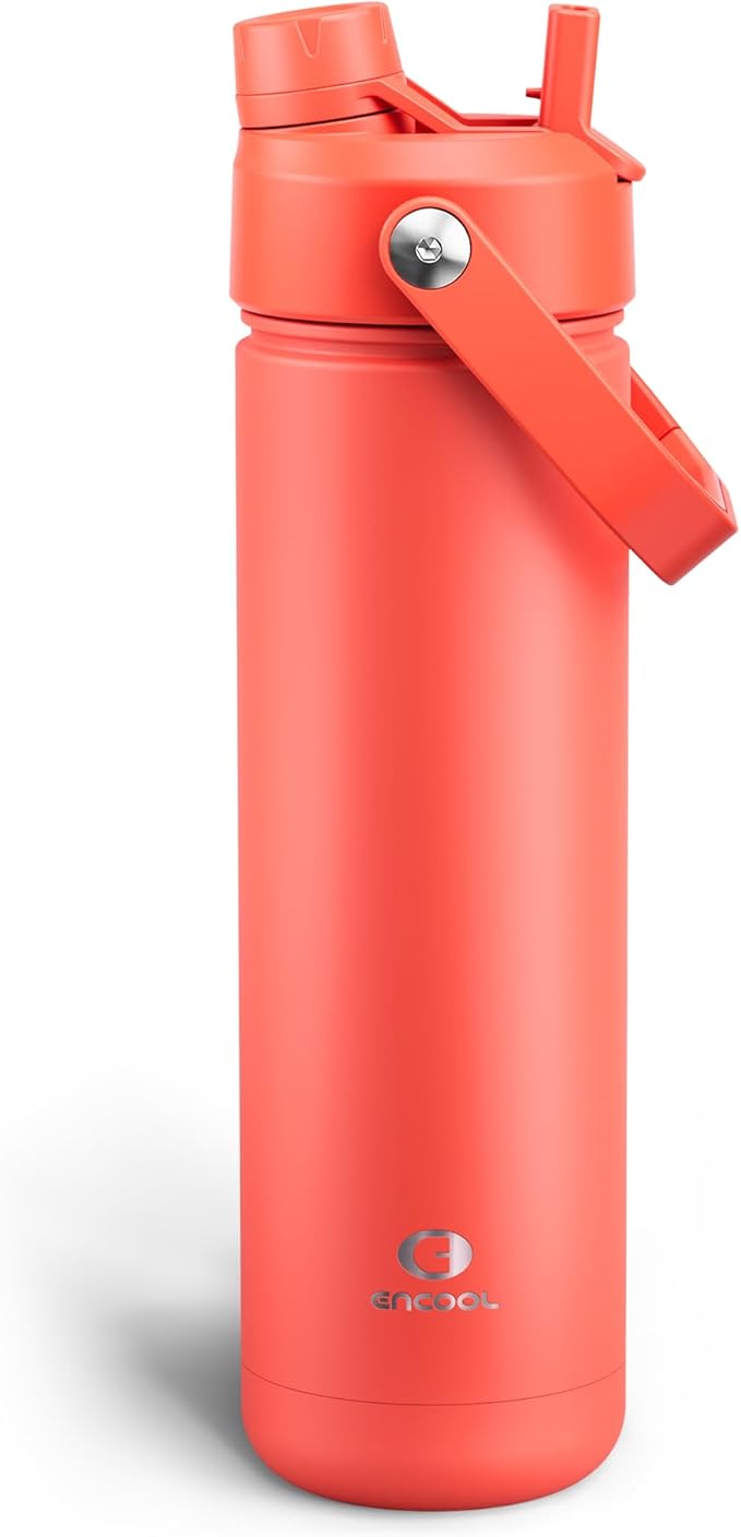 Insulated Water Bottle with Straw - Encool Stainless Steel Water Bottle, Leak-Proof, BPA-Free, Double Wall Vacuum Keeps Cold for 24 Hours for Sports, Travel, School (26 oz, Tawny Orange)-Ruum Studio Home
