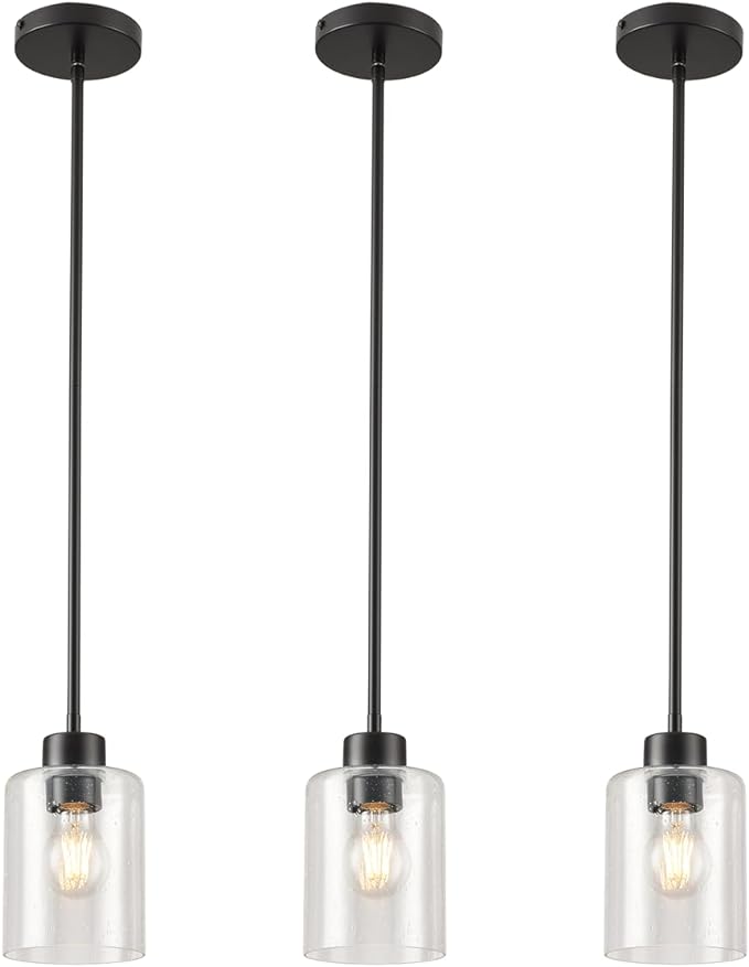 Black Pendant Lights Kitchen Island - Seeded Glass Pendant Light Fixture Multiple Stems Rods (3 Pack with Rod seeded Glass)-Ruum Studio Home