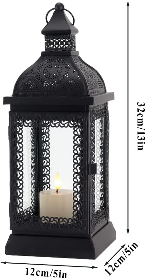 TRIROCKS Rustic Style Metal Candle Lantern 13'' High Decorative Outdoor Lantern Candle Holder with Tempered Glass for Christmas Living Room Garden Patio Parties Indoors Outdoors (Black)-Ruum Studio Home