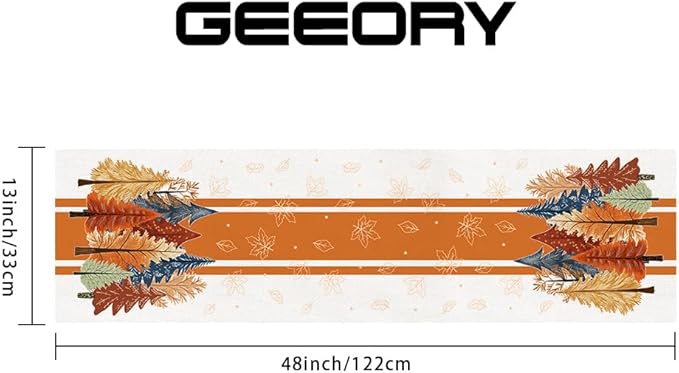 GEEORY Fall Watercolor Trees & Maple Leaves Striped Table Runner 13x48 Inch, Rustic Farmhouse Autumn Thanksgiving Decor for Kitchen, Dining, Indoor/Outdoor Holiday Dinner Party Orange GT157-48-Ruum Studio Home