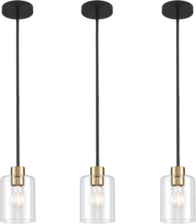 Black Brass Pendant Lights Kitchen Island - Clear Glass Pendant Light Fixture Multiple Stems Rods 3 Units 12 Inch 3 Units 4 Inch (3 Pack Black Brass Downrod)-Ruum Studio Home