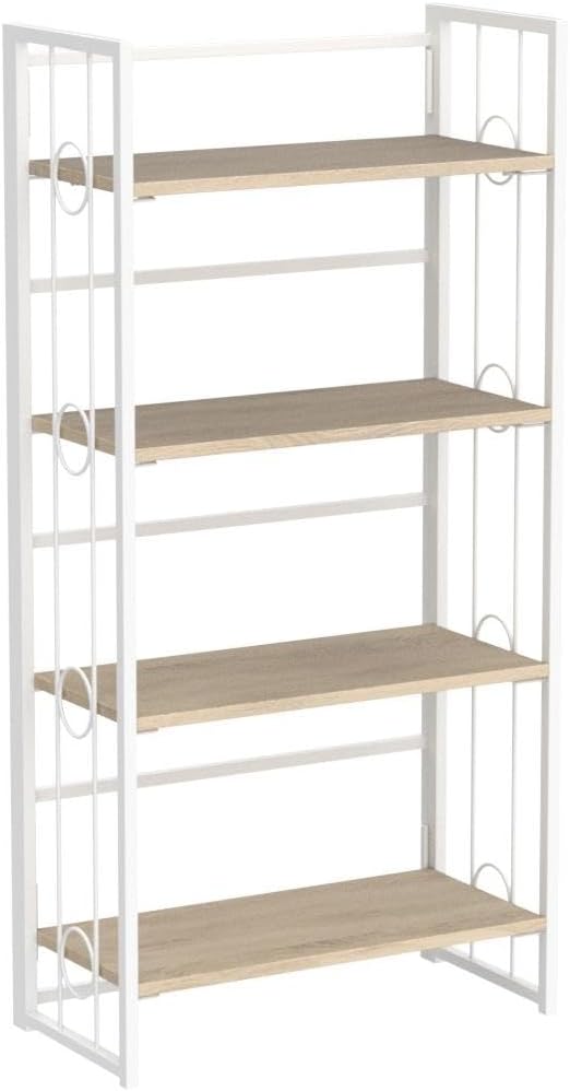4NM No Assembly 4 Tiers Folding Bookshelf, 47.2" H Foldable Storage Shelves Vintage Bookcase Standing Racks Study Organizer Home Office - Natural White-Ruum Studio Home