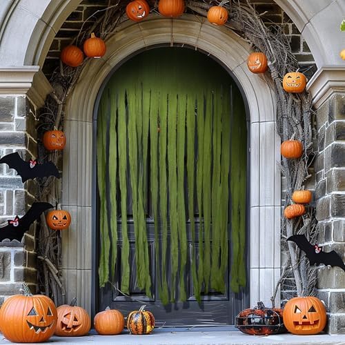 RunNico 2Pcs 85" x 60" Large Halloween Door Curtain Decoration, Green Gauze Doorway Curtain, Creepy Cloth Strip Drape for Halloween Horror Theme Party Haunted House Costume Decor-Ruum Studio Home