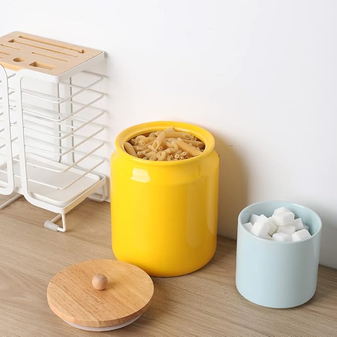 Sweejar Ceramic Kitchen Canisters, 28 FLOZ Porcelain Food Storage Jar with Airtight Seal Wooden Lid, Home Container Serving for Coffee Beans, Tea-leave, Sugar, Salt and More, Tool Bucket (Yellow)-Ruum Studio Home
