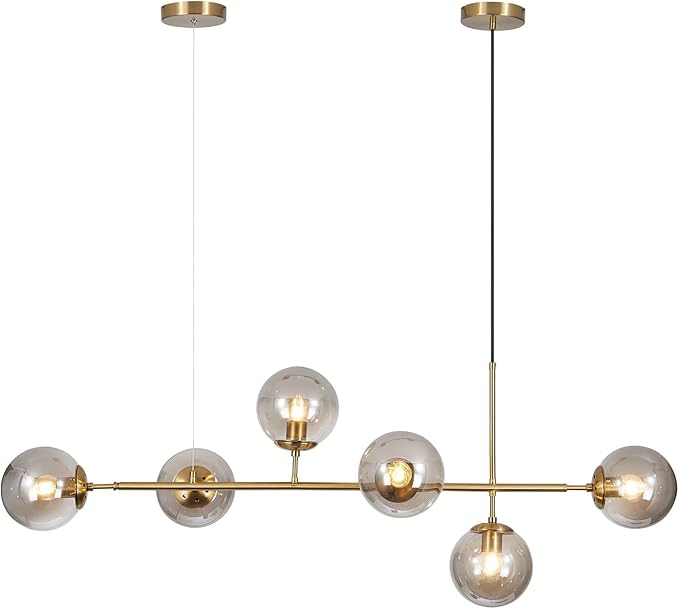 KCO Lighting 6-Light Modern Globe Sputnik Chandelier Brass Gold Linear Pendant Chandelier Lighting Smoke Glass Dining Room Chandelier Mid Century Sputnik Island Lights for Kitchen Living Room-Ruum Studio Home