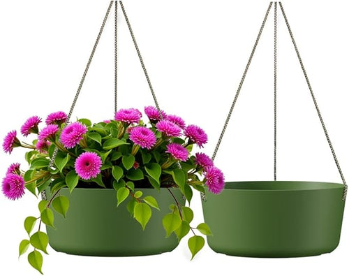 10.7 Inch Hanging Planter for Outdoor Indoor Plants，2 Pack Hanging Flower Pots with Drain Holes for Garden Home Decor Use (Dark Green)-Ruum Studio Home