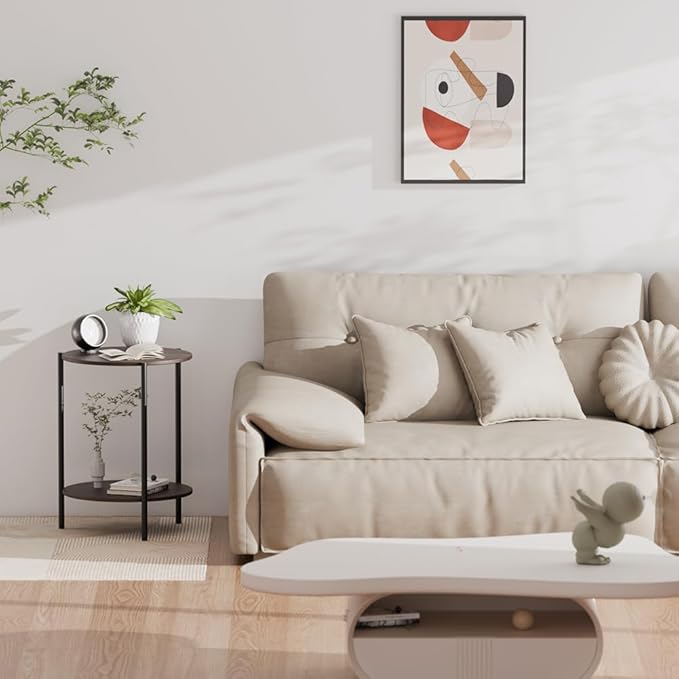 Side Table, Round End Table with 2-Layer Storage Rack, 15.7" Small Spaces Circle Table, Metal Frame Design Small Side Tables, for Living Room, Bedroom, Vintage Wood-Ruum Studio Home