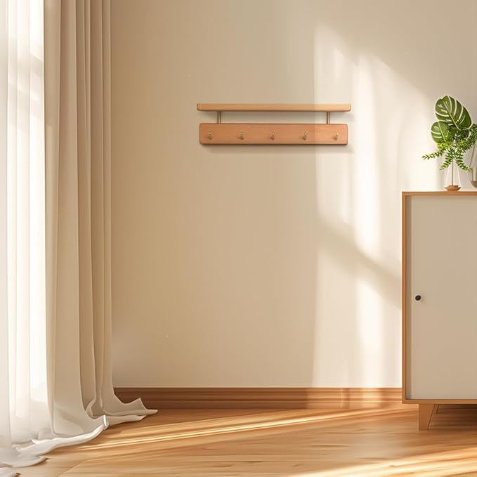 Shelf with Hooks, Solid Wood Bedroom Shelves for Wall, Wooden Coat Rack Wall Mount for Bathroom, Kitchen, Door Entryway (Beech, 30cm/11.81inch)-Ruum Studio Home