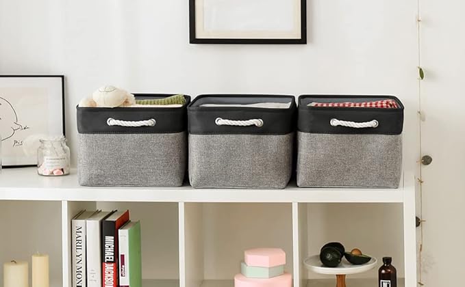 TheWarmHome Organization and Storage Basket for Organizing - 17x14x10 inch Large 3 Pack Collapsible Storage Bin for Shelves, Fabric Basket for Gifts Empty Organizer Gift Closet (Black & Grey)-Ruum Studio Home