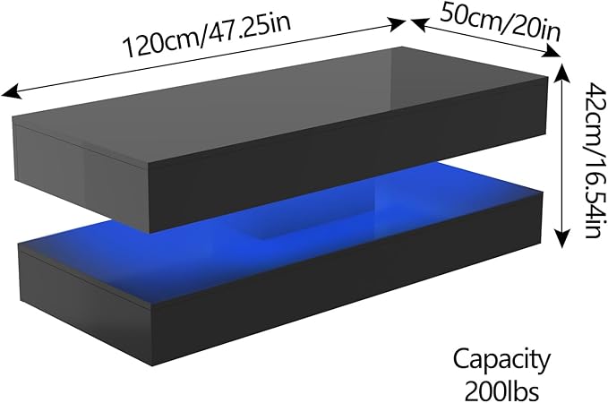 Uspeedy 47.3IN High Glossy LED Coffee Table,Modern Coffee Tables for Living Room,Living Rooms Tables,Large Living Room Furniture,APP LED Lights,Black/White Coffee Table for Livings Room (Black)-Ruum Studio Home